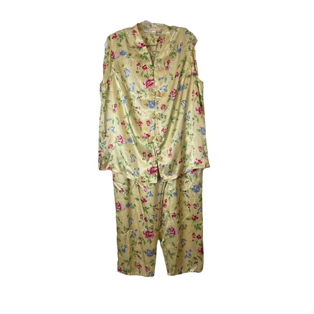 Intimate Exentials 2 Pc Satin Pajama Set Sz XL Women's Yellow Shirt Pants Floral